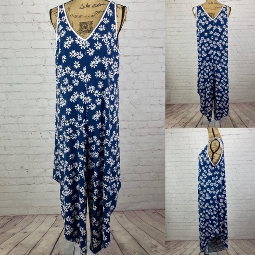 Slate Blue/White Flower Design Asymetrical Harem Jumpsuit